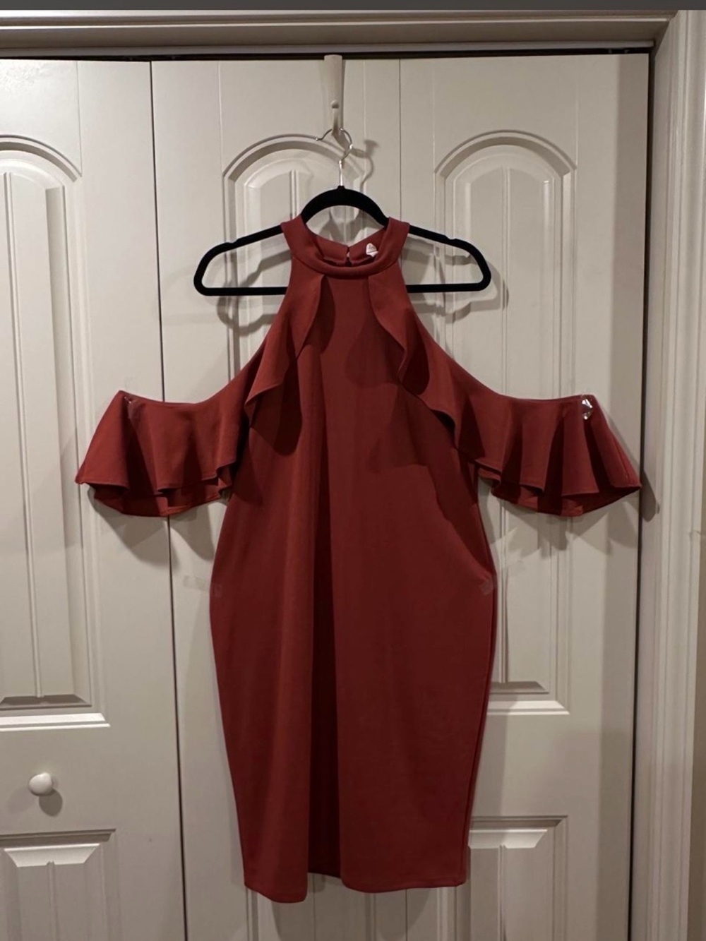 Pinkblush Rust Cold-Shoulder Ruffle Midi Dress